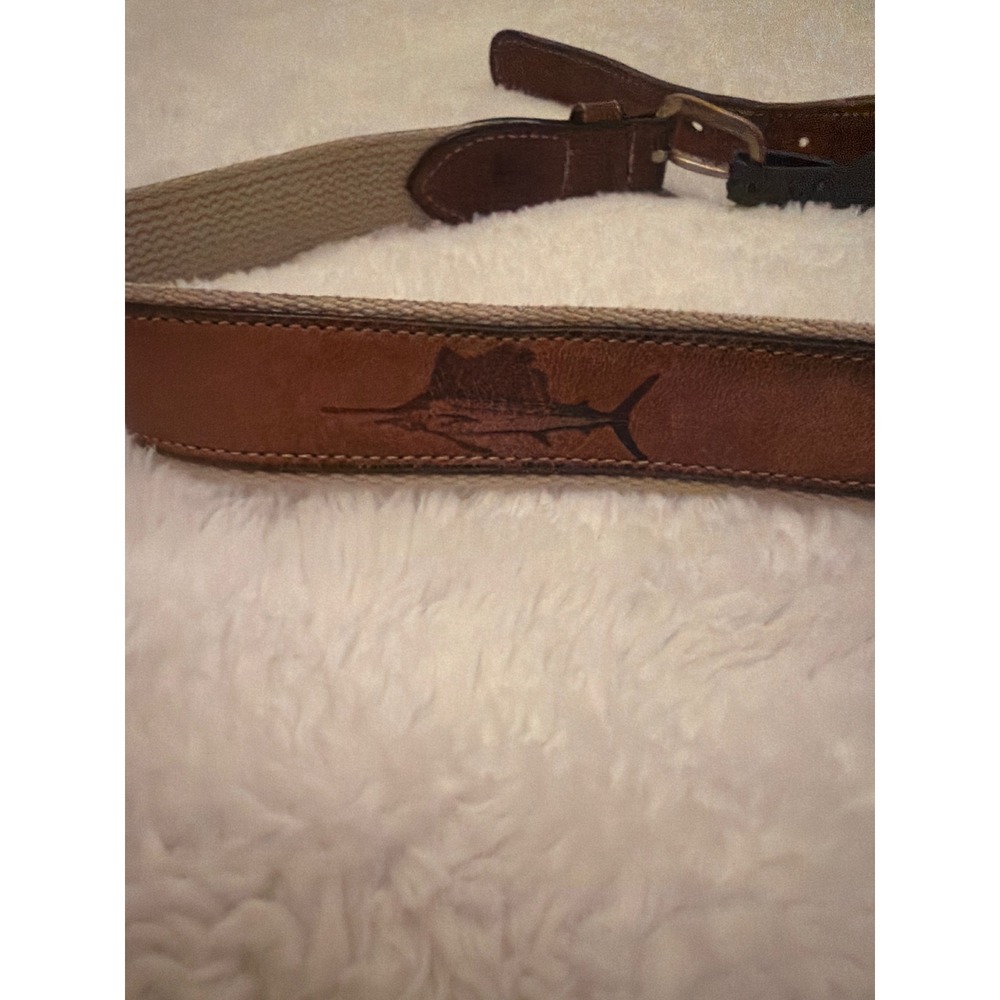 Tommy Bahama Mens Belt 36 Brown Leather Canvas Marlin Fish Solid Brass Buckle